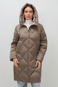 Купить Пальто зимнее утепленное с капюшоном женское коричневого цвета 7637K, фото 13