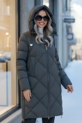 Купить Пальто зимнее утепленное с капюшоном женское зеленого цвета 7637Z