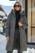 Купить Пальто зимнее утепленное с капюшоном женское зеленого цвета 7637Z, фото 4