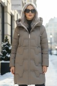 Купить Пальто зимнее утепленное с капюшоном женское серого цвета 7638Sr