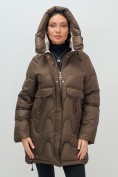 Купить Куртка зимняя женская с капюшоном модная темно-коричневого цвета 7653TK, фото 6