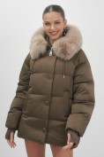 Купить Куртка зимняя женская с мехом и капюшоном тренд горчичного цвета 7658G, фото 9