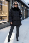Купить Куртка зимняя женская с мехом и капюшоном тренд черного цвета 7660Ch, фото 4