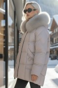 Купить Куртка зимняя женская с мехом и капюшоном тренд светло-коричневого цвета 7660SK, фото 2