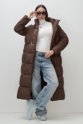 Купить Пальто зимнее утепленное с капюшоном женское коричневого цвета 7729K, фото 6