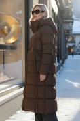 Купить Пальто зимнее утепленное с капюшоном женское коричневого цвета 7729K, фото 3