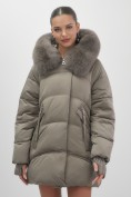 Купить Куртка зимняя женская с мехом и капюшоном тренд коричневого цвета 7737K, фото 9