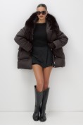 Купить Куртка зимняя женская с мехом и капюшоном тренд темно-коричневого цвета 7737TK, фото 6