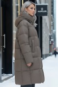 Купить Пальто зимнее утепленное с капюшоном женское светло-коричневого цвета 7741SK, фото 4