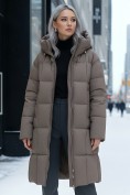 Купить Пальто зимнее утепленное с капюшоном женское светло-коричневого цвета 7741SK, фото 3