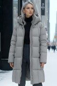 Купить Пальто зимнее утепленное с капюшоном женское серого цвета 7741Sr