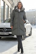 Купить Пальто зимнее утепленное с капюшоном женское цвета хаки 7747Kh