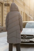 Купить Пальто зимнее утепленное с капюшоном женское темно-серого цвета 7748TC, фото 2