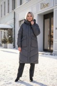 Купить Пальто утепленное стеганное зимнее с капюшоном женское темно-серого цвета 805_1TC, фото 3