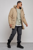 Купить Парка мужская зимняя удлиненная с мехом бежевого цвета 8318B, фото 3