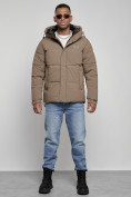 Купить Куртка молодежная мужская зимняя с капюшоном коричневого цвета 8356K