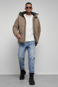 Купить Куртка молодежная мужская зимняя с капюшоном коричневого цвета 8356K, фото 16