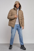 Купить Куртка спортивная мужская зимняя с капюшоном коричневого цвета 8357K, фото 5
