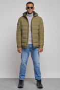 Купить Куртка спортивная мужская зимняя с капюшоном цвета хаки 8357Kh