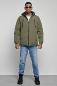 Купить Куртка спортивная мужская зимняя с капюшоном цвета хаки 8360Kh