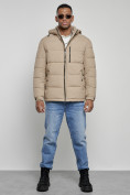Купить Куртка спортивная мужская зимняя с капюшоном бежевого цвета 8362B
