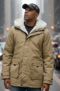 Купить Парка мужская зимняя удлиненная с мехом горчичного цвета 8753G