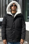Купить Парка мужская зимняя удлиненная с мехом черного цвета 8761Ch, фото 4