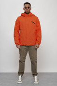 Купить Куртка спортивная мужская весенняя с капюшоном оранжевого цвета 88021O