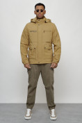 Купить Куртка спортивная мужская весенняя с капюшоном бежевого цвета 88029B