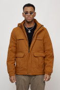 Купить Куртка спортивная мужская весенняя с капюшоном горчичного цвета 88031G