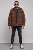 Купить Плюшевая куртка мужская с капюшоном молодежная коричневого цвета 88636K