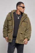 Купить Плюшевая куртка мужская с капюшоном молодежная цвета хаки 88636Kh, фото 7