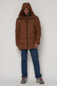Купить Спортивная молодежная куртка удлиненная мужская коричневого цвета 93686K, фото 7