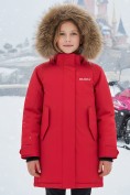 Купить Куртка парка зимняя подростковая для девочки с капюшоном и мехом красного цвета 9446Kr
