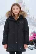 Купить Парка зимняя подростковая для девочки с капюшоном и мехом черного цвета 9532Ch