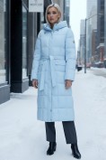 Купить Пальто утепленное стеганное зимнее с капюшоном женское голубого цвета 9609Gl