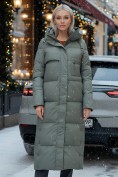 Купить Пальто утепленное стеганное зимнее с капюшоном женское цвета хаки 9611Kh