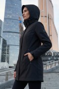 Купить Парка женская софтшелл виндстоппер удлинённая с капюшоном черного цвета 9614_1Ch