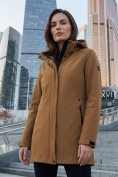 Купить Парка женская софтшелл виндстоппер удлинённая с капюшоном горчичного цвета 9614_1G