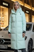 Купить Пальто утепленное стеганное зимнее с капюшоном женское бирюзового цвета 9615Br
