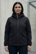 Купить Ветровка женская софтшелл большого размера с капюшоном ветрозащитная черного цвета 9620_1Ch