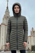 Купить Куртка женская удлинённая стёганая с капюшоном и графеновой подкладкой цвета хаки 9628_1Kh