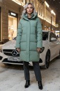 Купить Куртка зимняя женская с капюшоном удлиненная стеганная зеленого цвета 9629Z, фото 4